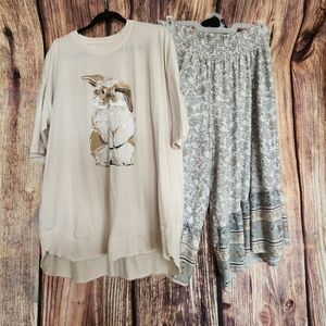 August Bleu Beige Bunny Tunic Top & Cato Smocked Floral Culottes Set/Outfit - 2X